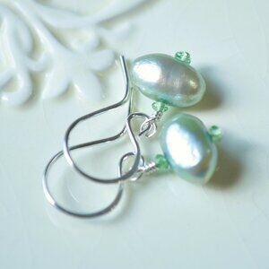 Sage Green Pearl Earrings with Tsavorite Garnets - Hand Made in Canada